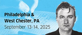 Portrait of Iven Yorick Fenker on a ligh blue background with a hand holding a pen