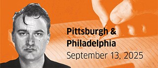 Portrait of Iven Yorick Fenker on an orange background with a hand holding a pen