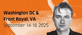 Portrait of Iven Yorick Fenker on an orange background with a hand holding a pen