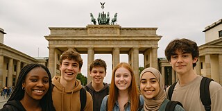 Ein Foto von sechs Jugendlichen, die auf einer Klassenfahrt in Berlin vor dem Brandenburger Tor stehen. Sie lachen in die Kamera.