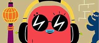 A colorful illustration shows a character with a red head wearing large black headphones and sunglasses with lightning bolt symbols. In the background are the Berlin TV Tower, various colored trash bins, a blue bicycle sign, and a blue bear on a white brick wall.