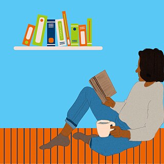 Image graphic depicting a woman sitting and reading a book, above her a shelf with more books. 