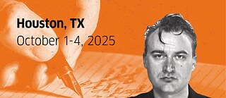 Portrait of Iven Yorick Fenker on an orange background with a hand holding a pen