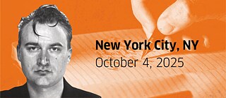 Portrait of Iven Yorick Fenker on an orange background with a hand holding a pen