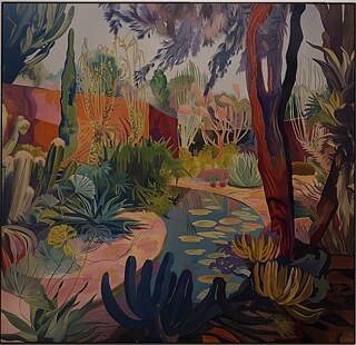 A colorful painting shows a garden with trees, cacti, and a small water pond.