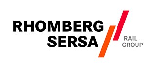 Der Schriftzug „Rhomberg Sersa“ in Schwarz auf weißem Grund. Rechts davon eine orangefarbene Diagonale, gefolgt von einer roten Diagonale und dem Schriftzug „Rail group“.