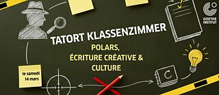 Plakat der Fortbildung. Auf schwarzem Hintergrund verschiedene Motive zum Thema Krimi: Detektiv mit Lupe, Glühbirne, zwei rote Stifte in X-Form