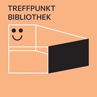 Grafisches Banner mit lachsfarbenem Hintergrund. Links befindet sich eine weiße, geometrische Linienform, die an ein stilisiertes Gebäude erinnert. In einem der oberen Felder sind zwei schwarze Punkte und ein schwarzer Bogen zu einem einfachen Smiley angeordnet. Rechts daneben steht in schwarzen Großbuchstaben der Text „TREFFPUNKT BIBLIOTHEK“.
