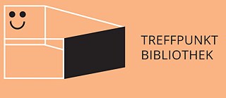 Grafisches Banner mit lachsfarbenem Hintergrund. Links befindet sich eine weiße, geometrische Linienform, die an ein stilisiertes Gebäude erinnert. In einem der oberen Felder sind zwei schwarze Punkte und ein schwarzer Bogen zu einem einfachen Smiley angeordnet. Rechts daneben steht in schwarzen Großbuchstaben der Text „TREFFPUNKT BIBLIOTHEK“.