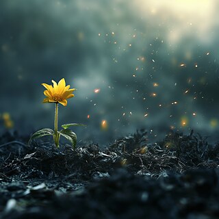 Eine kleine Blume, die gelb blüht inmitten verbrannter Erde. Rechts oben scheint ein helles Licht. In der Luft schwirren Funken umher.