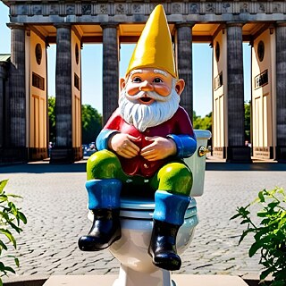 Ein Gartenzwerg, der eine gelbe Zipfelmütze trägt, sitzt auf einer weißen Toilette, das vor dem Brandenburger Tor steht.