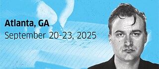 Portrait of Iven Yorick Fenker on a ligh blue background with a hand holding a pen