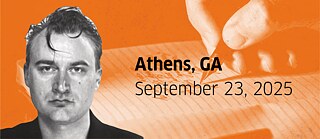 Portrait of Iven Yorick Fenker on an orange background with a hand holding a pen