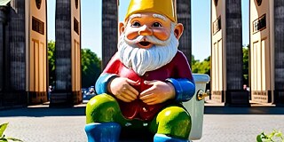 Ein Gartenzwerg, der eine gelbe Zipfelmütze trägt, sitzt auf einer weißen Toilette, das vor dem Brandenburger Tor steht.