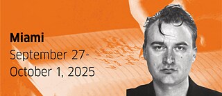 Portrait of Iven Yorick Fenker on an orange background with a hand holding a pen