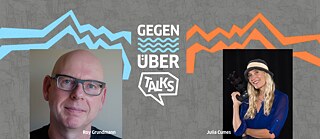 color portraits of Roy Grundmann and  Julia Cumes on the GEGENÜBER Talks slide with black background 
