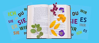 Bild eines Buches mit deutschen Wörtern und Blumen