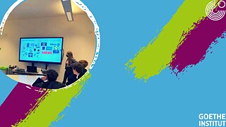 Young Goethe Scheme logo (blue with purple and green stripes), photo of a Young Goethe presentation. Text: Invite a young Goethe Ambassador into your classroom