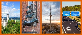 Fotocollage: Panoramaaufnahme vom Schloss Neuschwanstein, Bremer Stadtmusikanten. Fernsehturm Berlin, Autobahn