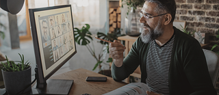 Ein Mensch sitzt an einem Schreibtisch und nimmt an einer Videokonferenz teil. Auf dem Computerbildschirm sind mehrere Teilnehmende in einer Online‑Besprechung zu sehen. Die Person hält einen Stift in der Hand und scheint auf den Bildschirm zu zeigen oder etwas zu erläutern. Der Arbeitsplatz ist mit Pflanzen, Unterlagen und einem modernen Monitor eingerichtet. Im Hintergrund ist ein Raum mit warmem, natürlichem Licht und einer Wand aus sichtbaren Ziegelsteinen zu erkennen.