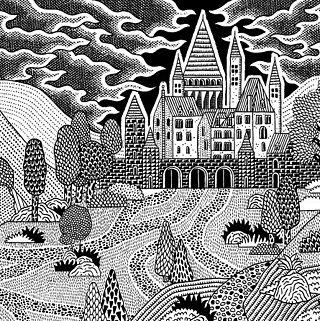 Schwarz-weiß Zeichnung eines Schlosses