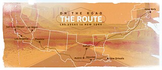 A graphic showing various locations in the USA connected by lines on an orange, desert-like background.  