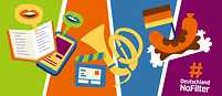 Verschiedene kulturelle Symbole, die Sprache, Videos, Musik und deutsche Küche repräsentieren.