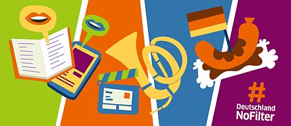 Verschiedene kulturelle Symbole, die Sprache, Videos, Musik und deutsche Küche repräsentieren.