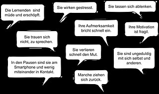 10 Sprechblasen mit verschiedenen kurzen Äußerungen von Lehrkräften.