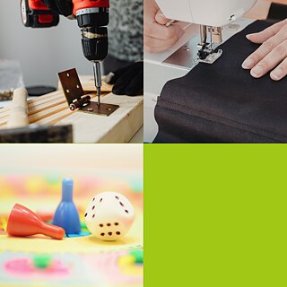 trepant, màquina de cosir i daus