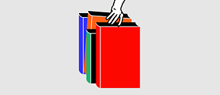 A hand reaching toward the top of a row of large, colorful books in blue, green, orange, and red against a light background.