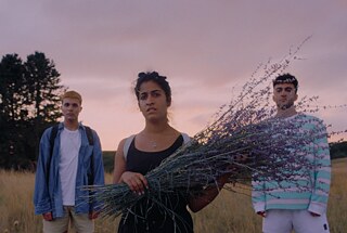 Drei Personen stehen in einem grasbewachsenen Feld. Die mittlere Person hält einen großen Bund violetter, länglicher Pflanzen. Hinter ihnen sind hohe Bäume und ein Himmel in Rosa‑ und Lilatönen zu sehen.