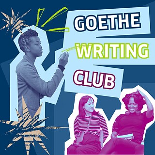 Three people engaged in writing activities with colorful graphic elements and the text “Goethe Writing Club” displayed.