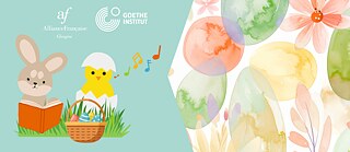 Easter bunny, Easter chick, Easter basket with eggs, spring flowers