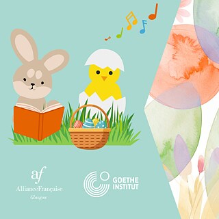 Easter bunny, Easter chick, Easter basket with eggs, spring flowers