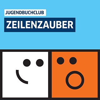 Grafisches Quadrat mit hellblauem Hintergrund. Oben links steht „JUGENDBUCHCLUB“ in weißen Großbuchstaben auf einem dunkelblauen Rechteck. Darunter steht „ZEILENZAUBER“ in großen weißen Buchstaben auf dunkelblauem Hintergrund. Im unteren Bereich befinden sich zwei nebeneinanderliegende Quadrate mit schwarzem Rand: Links ein weißes Quadrat mit einem einfachen Smiley aus zwei Punkten und einem gebogenen Strich; rechts ein orangefarbenes Quadrat mit zwei Punkten und einem offenen Kreis, der ein erstaunt wirkendes Gesicht darstellt.