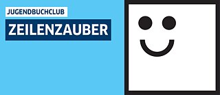 Grafisches Bild mit hellblauem Hintergrund. Links steht in weißen Großbuchstaben auf einem dunkelblauen Rechteck das Wort „JUGENDBUCHCLUB“, darunter in größeren, weißen Buchstaben auf dunkelblauem Hintergrund „ZEILENZAUBER“. Rechts befindet sich ein großes weißes Quadrat mit schwarzem Rand, in dem ein einfacher Smiley aus zwei Punkten und einem gebogenen Strich dargestellt ist.