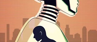 An illustration of a robot. Inside the robot is a human.