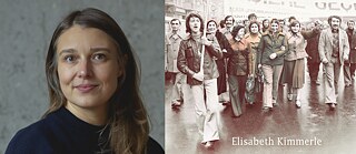 À gauche, portrait d'Elisabeth Kimmerle, avec des cheveux bruns mi-longs, devant un fond gris. À droite, l'image montre une scène historique de manifestation avec plusieurs personnes dans une rue, dont des femmes qui avancent ensemble.
