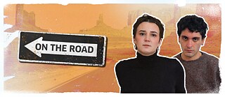 A one-way arrow with the words "On the Road" alongside portraits of authors Louise Kenn & Mücahit Türk on an orange, desert-looking background  