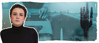 Portrait photo of Louise Kenn on a blue tinted background of a road with a cactus