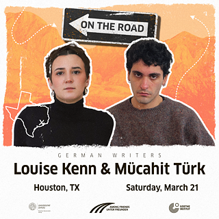 Ein Einbahnpfeil mit der Aufschrift „On the Road” neben Porträts der Autoren Louise Kenn und Mücahit Türk vor einem orangefarbenen, wüstenartigen Hintergrund. 
