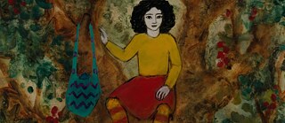 Illustration eines Mädchens, das mit einer Tasche auf einem Baum sitzt. 