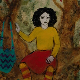 Illustration eines Mädchens, das mit einer Tasche auf einem Baum sitzt. 