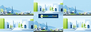 digital erstellte Illustration einer Stadt in Deutschland in Farben weiß, grün und blau