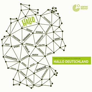 這張圖片展示了一幅德國的抽象地圖，由許多相互連接的點構成，呈現出一種數位或科技感的風格。在地圖內部，分布著多個德文單字，代表不同主題，例如：  HALLO（你好） KUNST（藝術） SCHULE（學校） TECHNOLOGIE（科技） MODE（時尚） WOHNEN（居住） DIVERSITÄT（多元） POLITIK（政治） ENERGIE（能源） MENSCHEN（人們） ARCHITEKTUR（建築） 圖片右上角是 歌德學院（Goethe-Institut） 的標誌與文字。右下角的綠色方框中寫著：  「Goethe-Institut Taipei：學生競賽 HALLO DEUTSCHLAND」  整體設計傳達出德國在語言、文化與創新方面的多樣性與現代感。