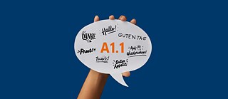 Hand hält ein Plakat mit Sätzen auf Deutsch