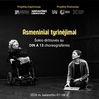 Plakat mit zwei Personen in einem Tanzraum und Text zu Workshops ‚Asmeniniai tyrinėjimai‘.