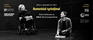 Plakat mit zwei Personen in einem Tanzraum und Text zu Workshops ‚Asmeniniai tyrinėjimai‘.