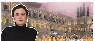 Portraitfoto von Louise Kenn auf einem blau eingefärbten Hintergrund mit einer Straße und einem Kaktus